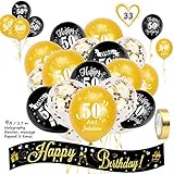 Juegos de decoración de 50 cumpleaños en negro y dorado: incluye: 1 pancarta de chispas burbujeante "Feliz cumpleaños", 20 globos de látex de 50 cumpleaños, 10 globos de confeti dorado. También incluye 2 rollos de cintas doradas, suficientes para celebraciones de cumpleaños.
