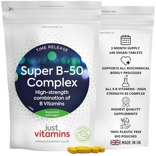 Super Vitamin B-50 Complex | x90 High Strength Tablets Containing All 8 B Vitamins - VIT B1 Thiamine, B2, B3 Niacin, B5, B6, B7 Biotin, Inositol, B9 Folic Acid & B12. UK Made from Non Yeast Source