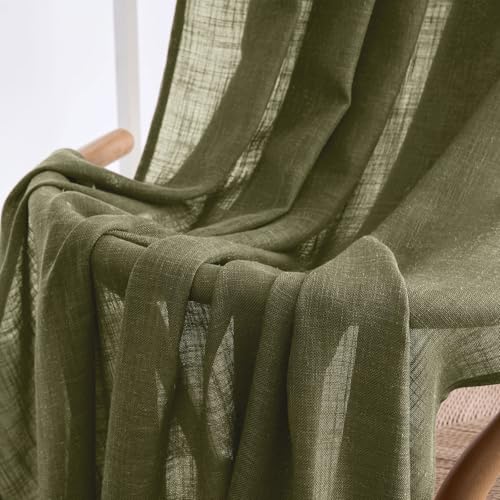 MIULEE Light Olive Green Linen Curtains 63 Inch Length 2 Panels for Bedroom Living Room, Soft Linen Textured Natural Kitchen Window Drapes Semi Sheer Light Filtering Back Tab Rod Pocket Burlap Look