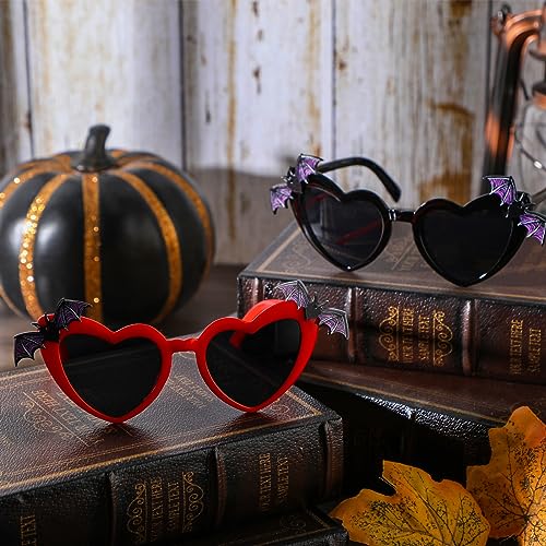2 Pairs Halloween Heart Shaped Bat Sunglasses Funny Goth Glasses Trendy Vintage Gothic Sunglasses for Women Men Party Accessories Gift, 2 Colors4