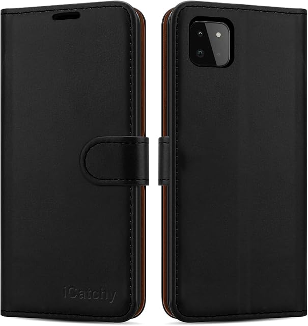 iCatchy for Samsung Galaxy A22 5G Case Leather Wallet Book Flip Folio Stand View Cover Magnetic Closure with Card Slots and Kickstand for Samsung Galaxy A22 5G Phone Cover (Black)