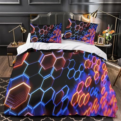 Housse de couette 140x200cm infroissable motif hexagonal néon 3D fermeture éclair - 2