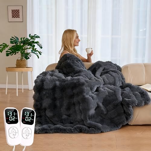 Image of IUUI Electric Heated Blanket Queen 84''x90'',Luxury Faux Rabbit Fur Heating Throw Blankets,Fast Heating with 1 /2 /4 /6 /8 /10 Hours,Overheat Protection, Quick Heating, Memory Function, Gift-Ready Design