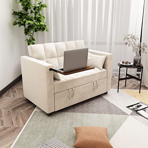 Wirrytor 3 In 1 Multi-Functional Convertible Sleeper Sofa Bed, Modern Loveseat Sofa Couch Velvet Pull Out Bed With Reclining Adjustable Backrest &Hidden Table For Apartment Living Room Bedroom(White) #TOP7