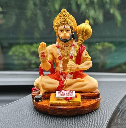 Image of RIANZ Resin Blessing Hanuman Ji God Idol for Car Dashboard, Home Mandir & Office Desk | Bajrangbali Murti with Gada | Compact Spiritual Decor (9cm x 6.5cm) (Multicolor)