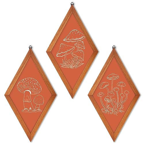 Décoration murale champignon en bois orange style boho vintage lot de 3