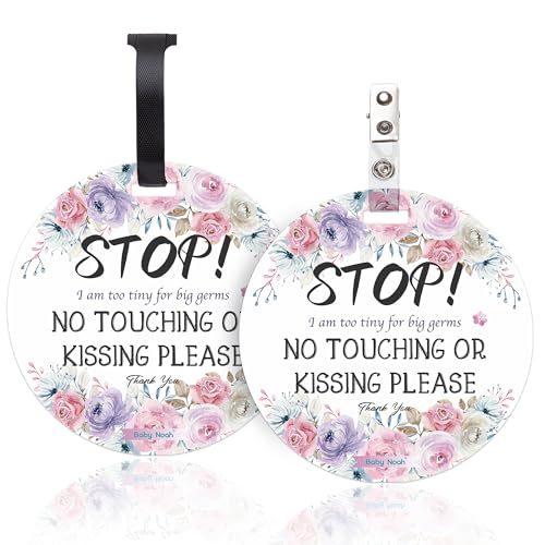 No Touching Newborn Baby Girl Car Set Sign or Stroller Tag, Do Not Touch Baby Girl Sign, Baby Preemie Gender Neutral No Touch Safety Sign with Hanging Straps and Clip 2 Pack Set