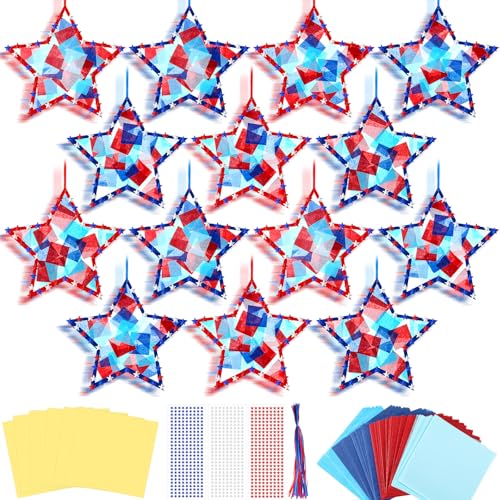 Yaomiao 30 Set 4th of July Patriotic Suncatchers Paper Crafts Kit 250th Anniversary DIY Star Shaped Stained Glass Effect Tissue Paper Activities Hanging Decor Gift for Independence Day