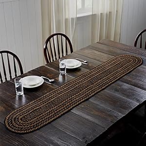 VHC Brands Black Tan Braided Jute Table Runner Oval Black 13×72