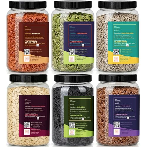 Image of LILA DRY FRUITS Super Seeds Combo Pack Pumpkin Sunflower Flax Watermelon Basil Halim Seed 100 g x 6 for Healthy Daily Nutrition Perfect for Gifting