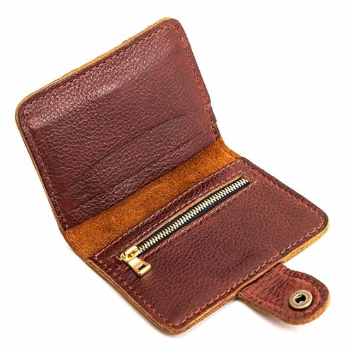 Image of Portland Leather Goods Women's Mini Bifold Wallet - Slim, Palm-Sized Design with Secure Snap Closure, 2 Card Slots, 2 Cash Slots & Zippered Coin Pocket - Nutmeg
