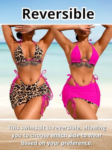 Image of ShawGobow Womens 3 Piece Leopard Bikini Set,Triangle String High Cut Thong Sexy Swimsuit & Coverup Skirt,Pool Party Outfit