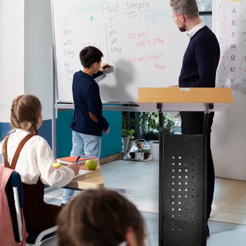 Image of Amazon Basics Lightweight Podium Lectern for Classroom, Office, Church & Events | CRCA Steel Frame with Beech Top | Sleek Modern Design | Easy Assembly | Black