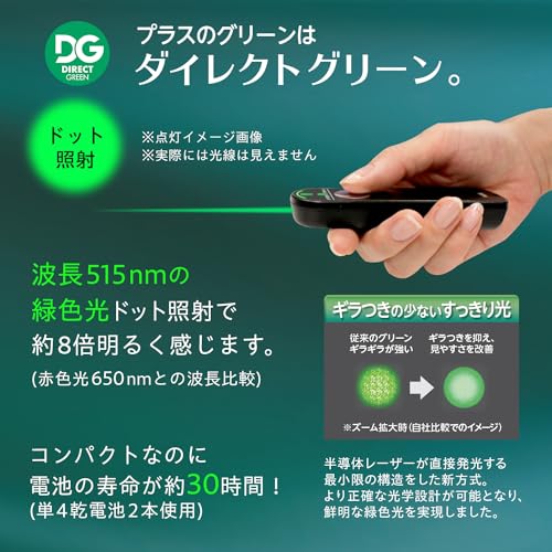 PLUS(プラス) レーザーポインタ 電池残量表示付 ブラック グリーンレーザー 緑色光 LP-G255 28-384 の商品画像 1