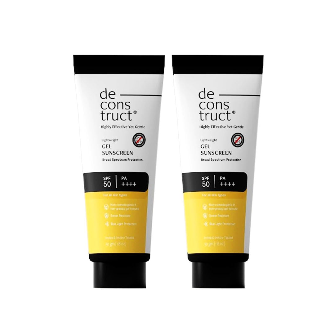 Deconstruct Face Gel Sunscreen SPF 55+ and PA+++ | Gel based sunscreen for oily, combination, acne prone & normal skin| Broad spectrum sunscreen, No White Cast, Lightweight - 50g each, pack of 2
