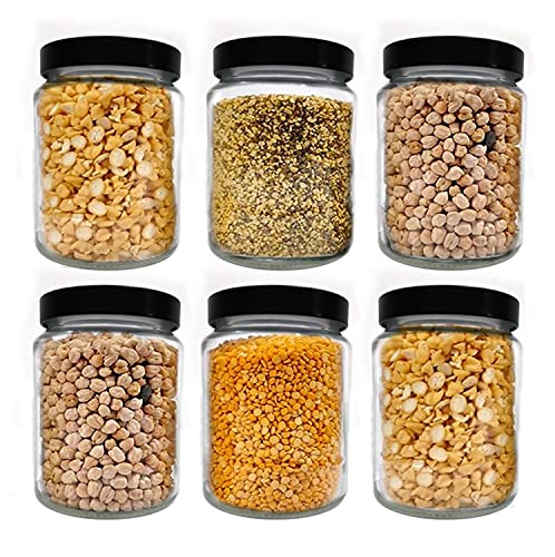 Image of Piraml Glass Transparent Jars & Containers for Kitchen Pantry, Snacks, Masala, Pickles, Dry Fruits, Coffee Beans Storage with Black Color Double Layer Metal Pop Lid (Set Of 6) (770ml Round Black Cap)