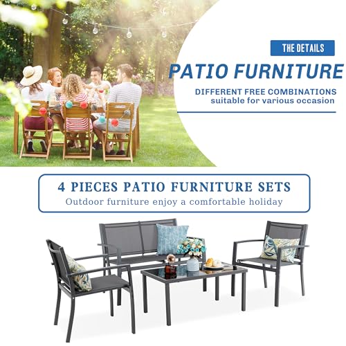 Image of Vongrasig 4 Pieces Patio Furniture Set, Outdoor Patio Conversation Sets, Small Porch Balcony Furniture on Clearance, 4 Piece Patio Set for Deck, Garden, Backyard (Grey)