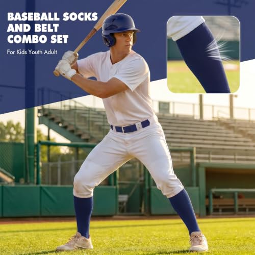 Image of WHIPPY Baseball Socks and Belt Combo Set Knee-High Softball Socks & Adjustable Elastic Belt for Kids Youth Adult
