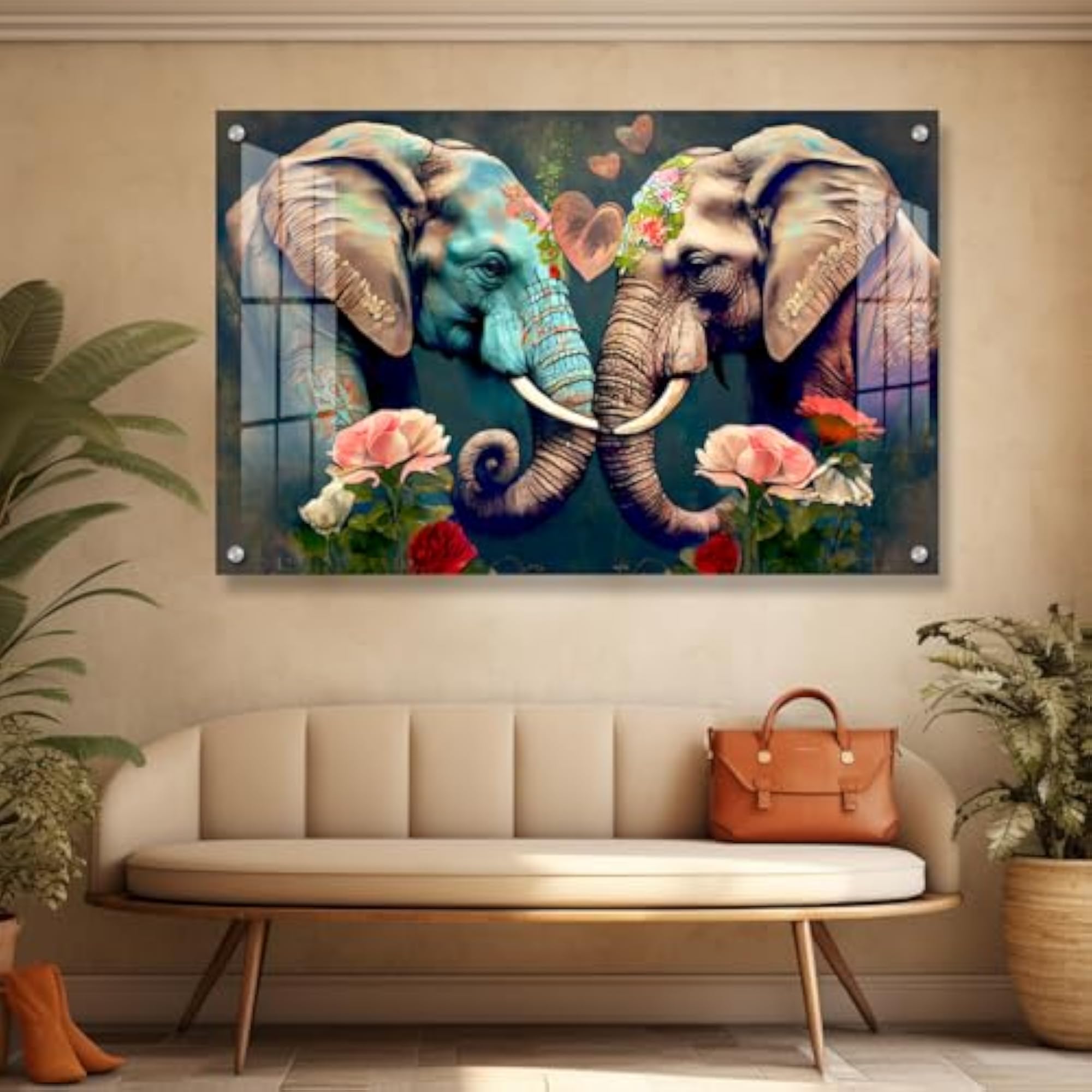 Elephant Painting with Floral Artwork, Wall Decor