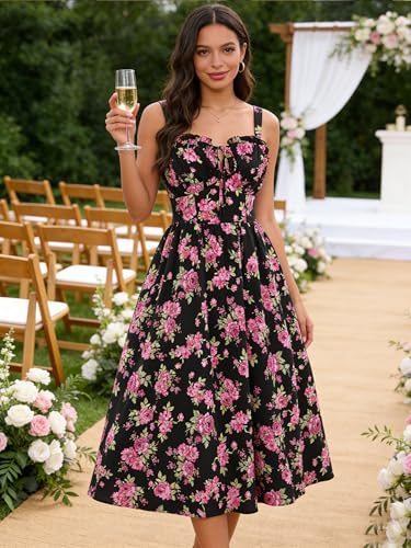 Image of Scarlet Darkness Summer Dresses for Women 2026 Floral Corset Dress Long Milkmaid Dress with Pocket