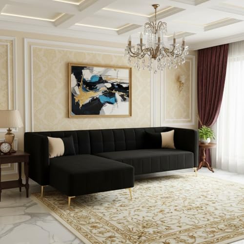 Image of SOCOZI Stylluxe 6 Seater Velvet Fabric LHS L Shape Sofa Set for Living Room |Fabric L Shape Sofa Set for Home & Office (Black)