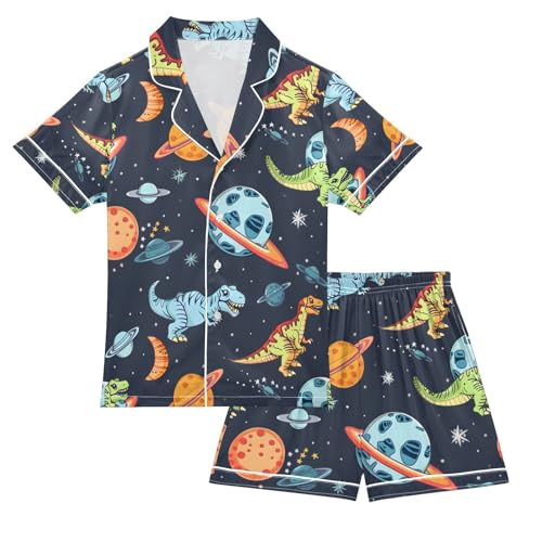 ALAZA Dinosaur Planet Space Pajamas Satin Pajama Set Short Sleeve Button Down Sleepwear