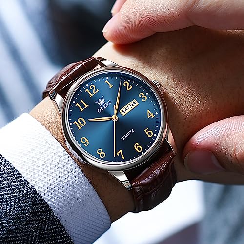 Olevs Brown Leather Watches For Men Classic Luxury Mens Watches Waterproof Dress Quartz Relojes Para Hombres Multi-Calendar Analog Day Date Easy To Read Men's Wrist Watches With Arabic Numbers #TOP1