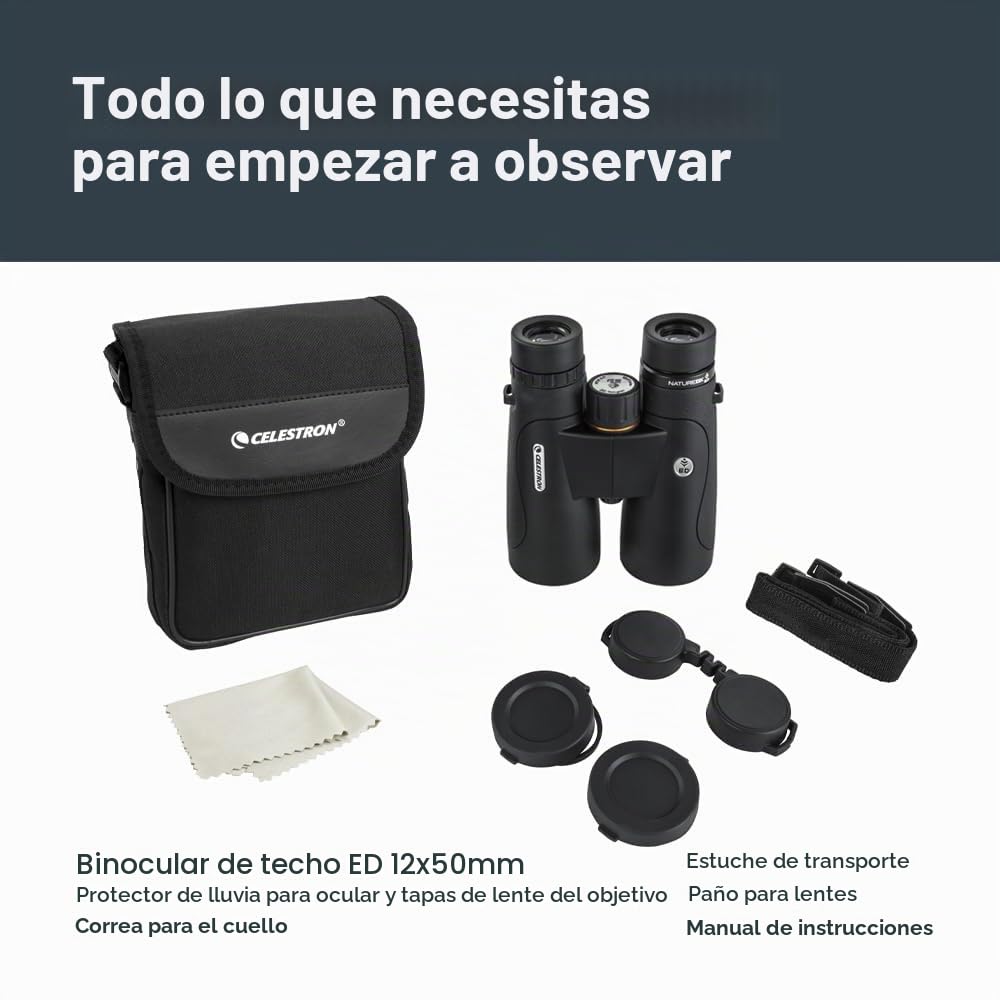 Celestron 72336 Nature DX ED 12x50: prismáticos con lentes objetivo con dispersión baja, exteriores y aves, revestimiento múltiple completo y prismas BaK-4, carcasa revestida resistente al agua y vaho