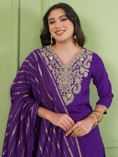 Image of Naixa Women's Viscose Silk Embroidered A-Line Kurta with Pant | Viscose Jacquard Stripes Dupatta Set | 3 /4 Sleeve | V-Neck | Festive