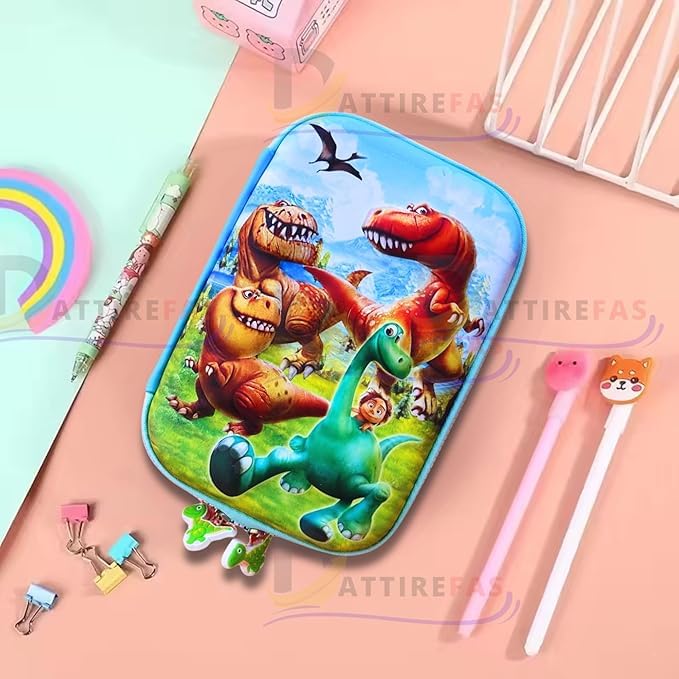 Image of Canvas 7D Dragon Dinosaur Animal Pen Pencil Case with Multi Compartments, Compass Box Pouch for Kids, School Students Stationery Items Geometry Box Cosmetic Zip Pouches Bag (Multicolor)