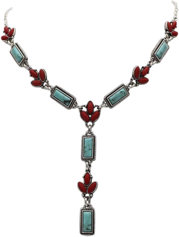 Rosemarie & Jubalee Western Y-Drop Necklace, Turquoise Howlite and Coral Red Stones, 18"+3" Extender, Silver