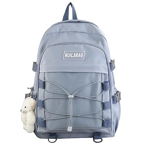 Solid Color Backpack Multi-Pocket Unisex College Bookbag Adjustable Shoulder Strap with Zipper Pendant