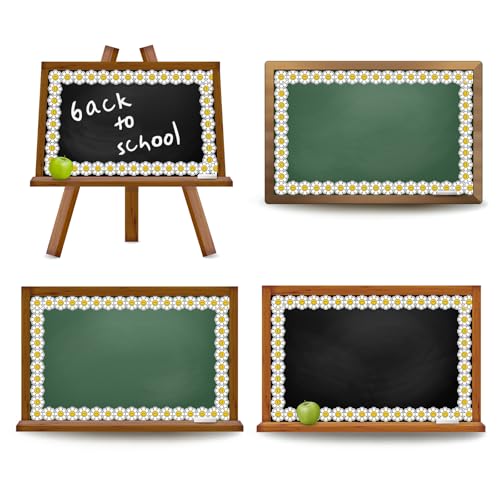 Image of Whaline 32.8 Ft Retro Daisy Bulletin Board Borders Yellow White Cartoon Daisy Flower Floral Die-Cut Border Trim for Back to School Chalkboard Wall Decoration