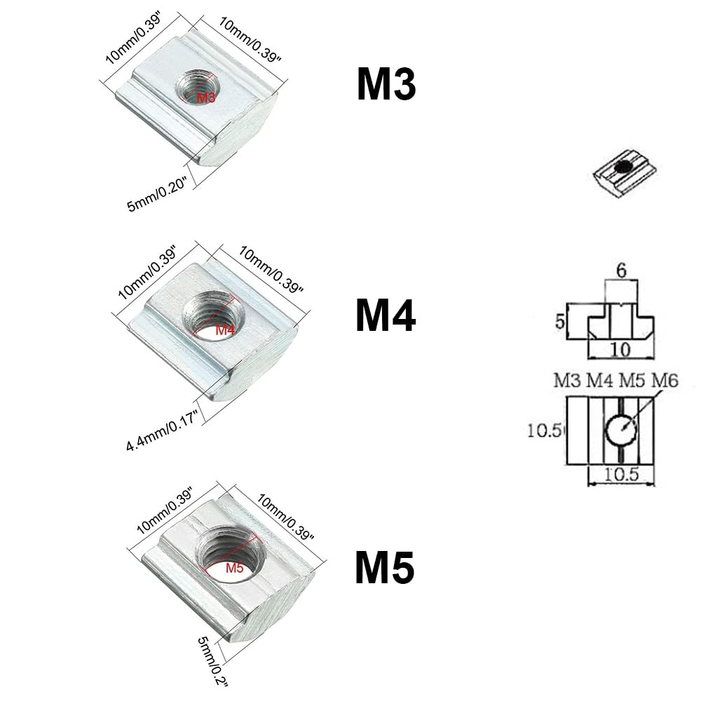 T Track Sliding Nut,Sliding T-nut Threaded,Sliding T-Nut 100pcs/set M3 M4 M5 T Slide Nut，Fastener Galvanized T-Slot Nuts for 20 Series Aluminum Extrusion Profile Hammer Head(M3)