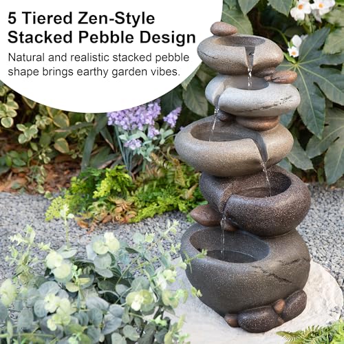 Image of Glitzhome Water Fountain Outdoor, 5-Tiered Stacked Pebbles Outdoor Fountain with LED Lights and Pump, 24.5 inch H Zen Style Polyresin Waterfall Fountain Water Feature for Garden, Yard, Patio, Porch Decor