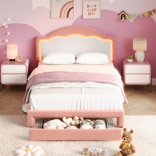 Image of GarveeHome Bed Frame with LED Headboard for Kids, Sherpa Upholstered Platform Bed Frame with Storage Drawer and Wood Slat Support, No Box Spring Required, Easy to Assemble (Pink, Twin)