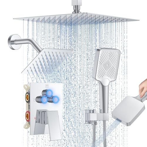 Image of Shower Faucet Set, 12 inch Ceiling Mount Rainfall Shower System with 2 Rain Shower Head and Multi-function Handheld Head Push Button Diverter Shower Faucet Trim Kit (12 inch, Polished Chrome)