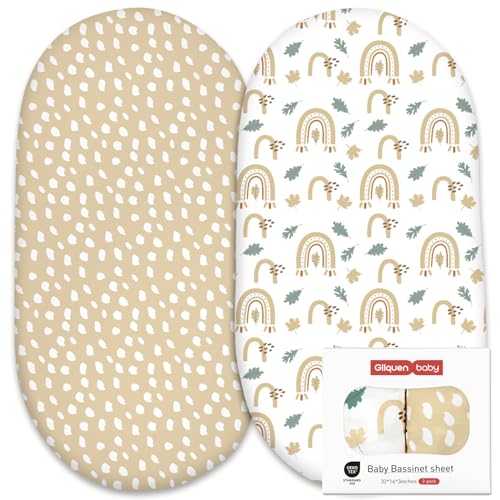 Image of Gllquen Baby Bassinet Crib Sheets Set, Breathable Cozy Fitted Mattress Sheet, Elastic Travel Crib Fashionable Floral Pattern, Standard Cradle Safe Sheets for Baby Boy Girls 32"X16" (Cute Rainbow)