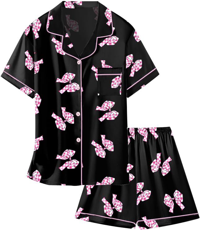 Image of Schbbbta Girls Womens Pajamas, Satin Silky Pjs Set Kids 2Pcs Button-Down Nightwear Sleepwear Gift for Mommy and me