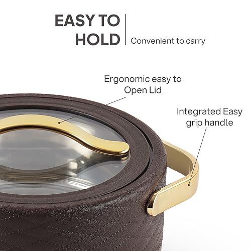 Image of CELLO Velvetto Deluxe 2500 Insulated Casserole Hot Box for Kitchen 2500 ml, Brown | Airtight See Through Lid Hot Pot Case Keeps Food Hot & Warm for Long Hours, Casserole Set for Roti, Rice & Biryani