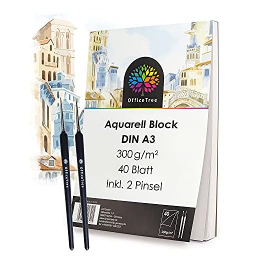 OfficeTree Papel de Acuarela A3-40 Hojas 300 gr/m2 - Bloc de Dibujo para Acuarela - Papel para Acuarelas y Pintar - Incluyendo 2 Pinceles