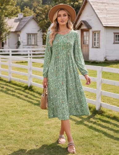 Image of Zeagoo Fall Dresses for Women Long Sleeve Midi Dress Casual A Line Dresses 2026 Pleated Flare Dress with Pockets