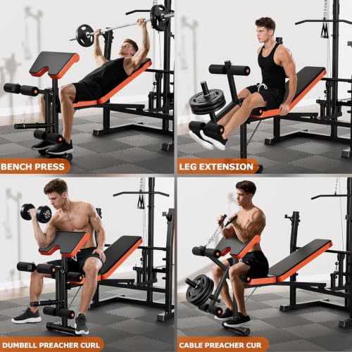 Image of Fostoy Olympic Weight Bench with Lat Pulldown, Squat Rack & Leg Curl