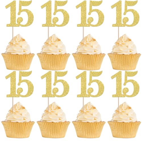 Rsstarxi 36 Pack Number 15 Cupcake Toppers Gold Glitter Cheers to 15 Years Birthday Cupcake Picks Decoration for Happy 15th Birthday Wedding Anniversary Party Cake Decorations