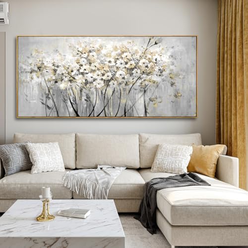 Image of VAYIMDH White and Gold Canvas Wall Art Flower Photo Prints Vintage Wood Wall Decor 40 inchx86 inch Kitchen Artwork Pictures for Bedroom