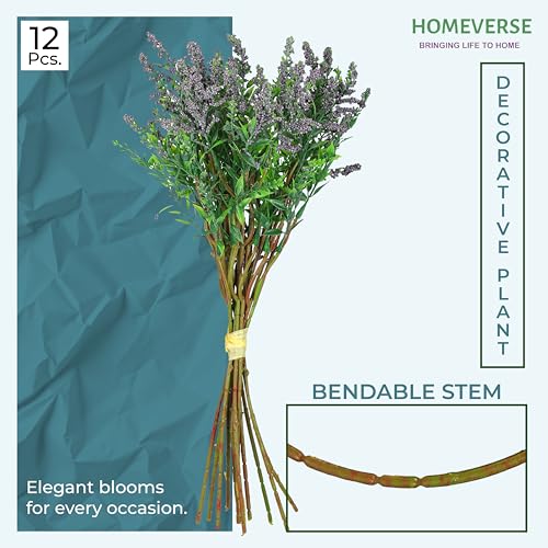 Image of HOMEVERSE Fresh Lavender 12Pcs Lavender Fake Plant 14Inch Height Bouquet, Green Stems Bundled for Decorative Items for Diwali, Home, Room, Office, Bedroom, Anniversary, Deepawali (Dark Purple)
