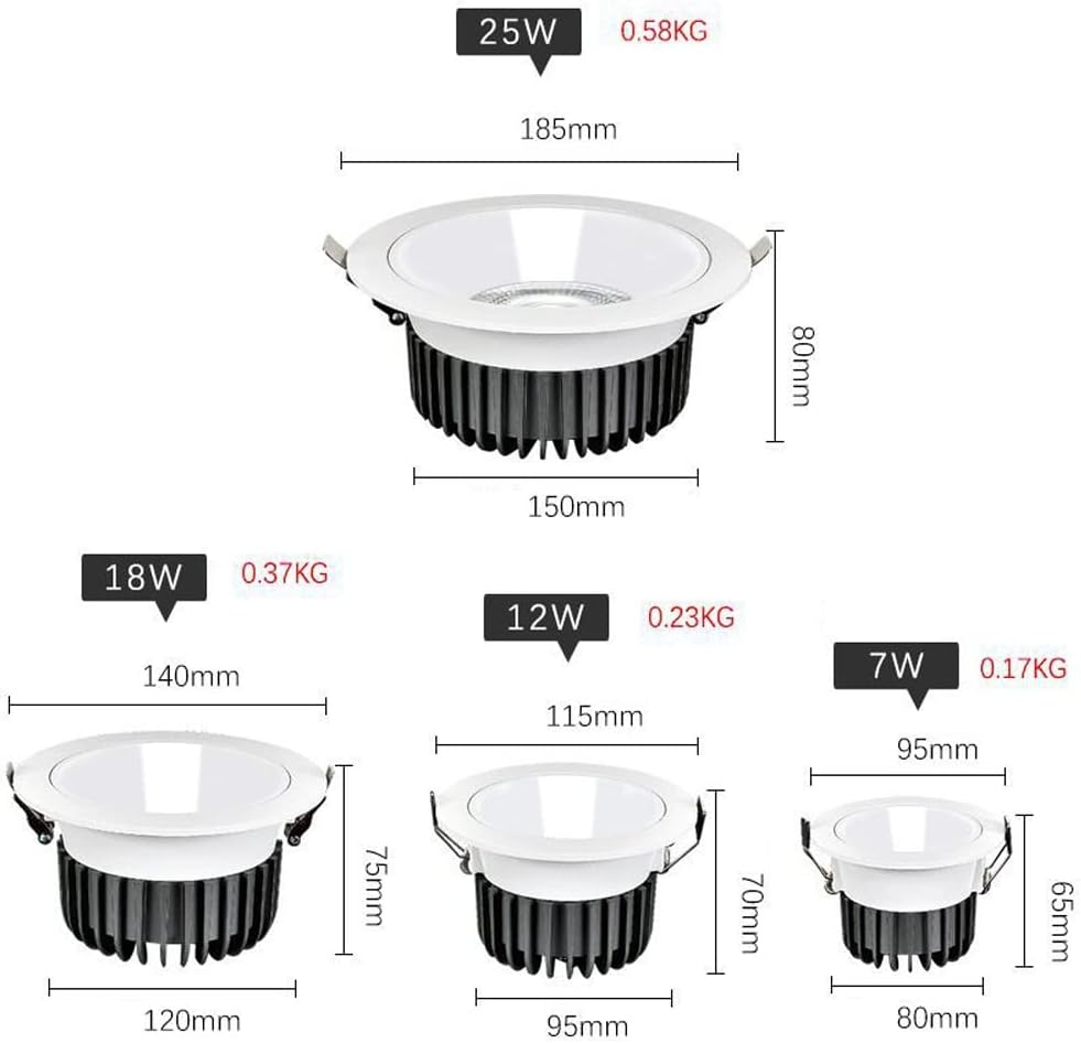 7/12/18/25W Anti-Glare LED Recessed Lighting 3000K/3500K/4000K/6000K Selectable Spotlight Lamp Daylight with Junction Box Ceiling Downlight (Color : 4000K Nature Light, Size : Black(25W))