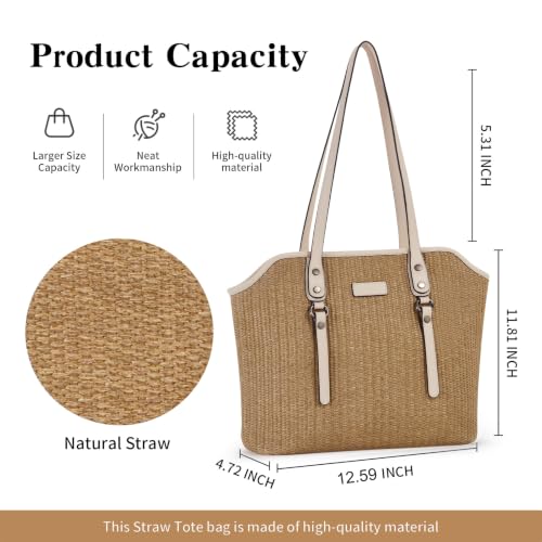 Image of Tote Bag for Women,Large Capacity Straw&Vegan Leather Tote Purses for Women,Shoulder Bags For Daily Travel Work Beach