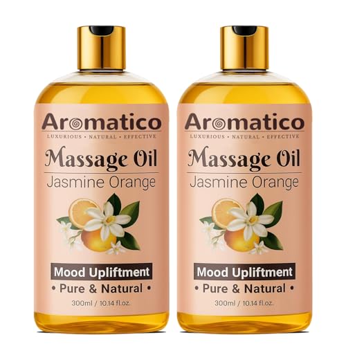 Image of AROMATICO Jasmine Orange Massage Oil. Sensual Oil for Date Nights & Mood Upliftment. Intimate, Romantic Massage Oil for Couples. Non-sticky, 100% Natural - 300ml Pack of 2