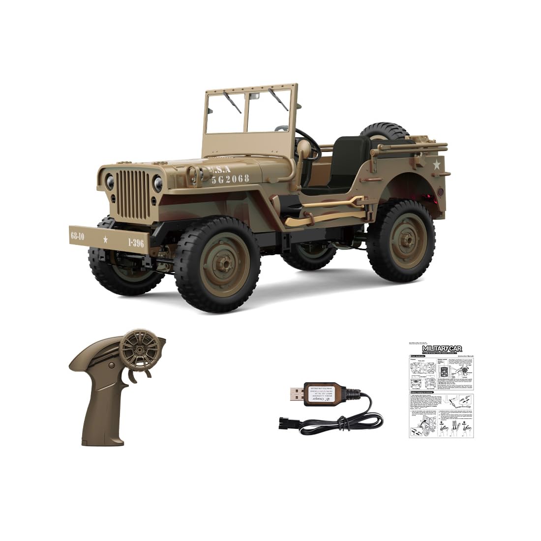 1:10 Militär RC Crawler Fahrzeug, 4WD Offroad Auto Geländewagen Modell Mit Doppelmotor, LED Beleuchtung Und Fernsteuerung Für Erwachsene Sammler Hobby Modellfahrzeug-Wüstengelb